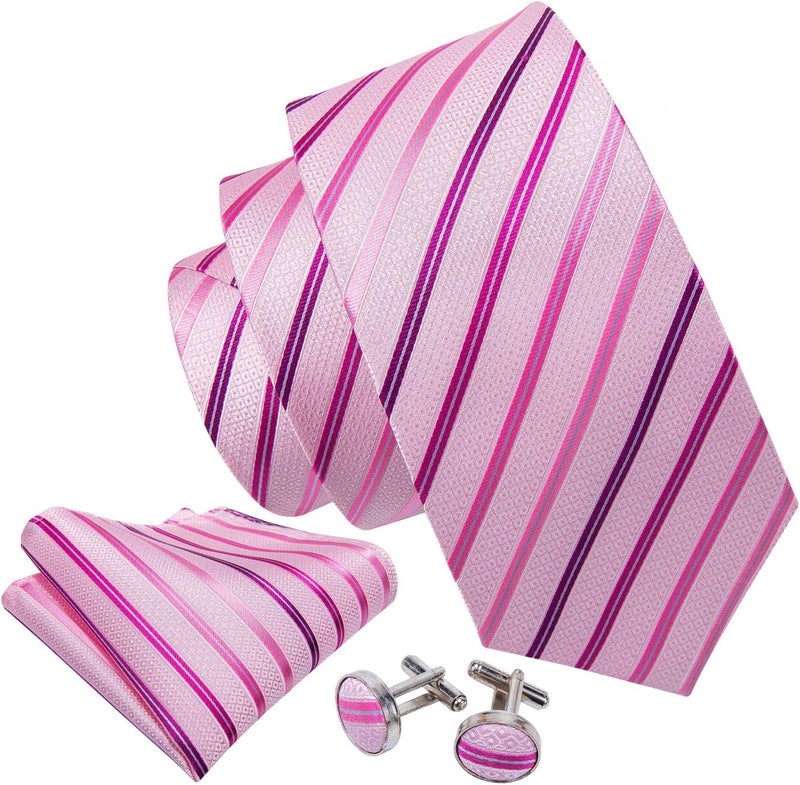 Barry.Wang Store Tie Sets for Men Silk Stripe Necktie Woven Checkered Handkerchief Cufflinks Formal Business Wedding - Image 2